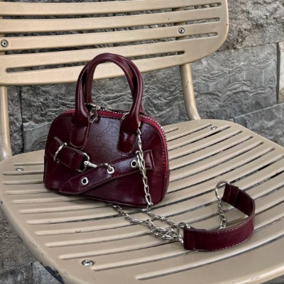 Mini Top-Handle Chain Bag Burgundy Embossed Leather Silver Chain Strap 16x12cm