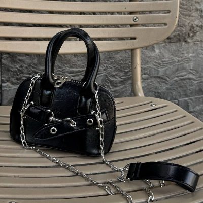 Mini Top-Handle Chain Bag Black Crinkled Leather Silver Chain Strap 16x12cm