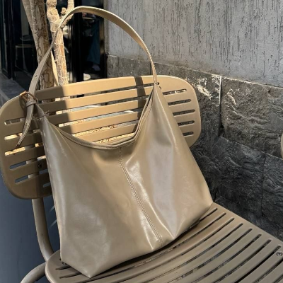 Leather Shoulder Bag Beige Glossy Finish Single Strap 38x30cm