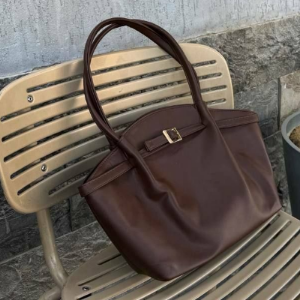 Structured Tote Bag Dark Chocolate Gold Buckle Double Handles 38x27cm