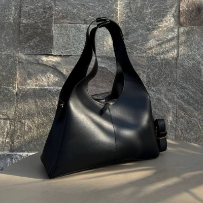 Slouchy Leather Hobo Bag Black Loop Handle 26x20cm