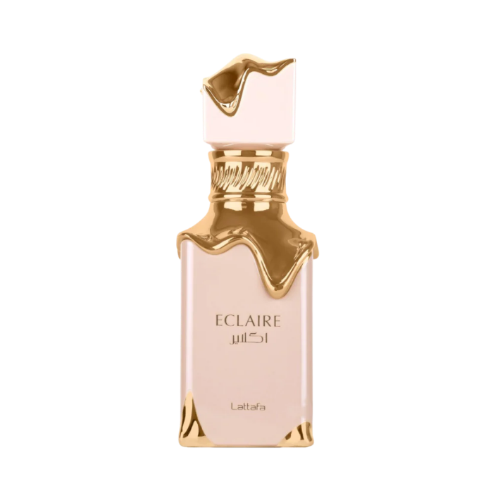 Eclaire perfume bottle with gold cap and base on a white background