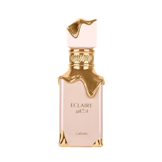 Eclaire perfume bottle with gold cap and base on a white background