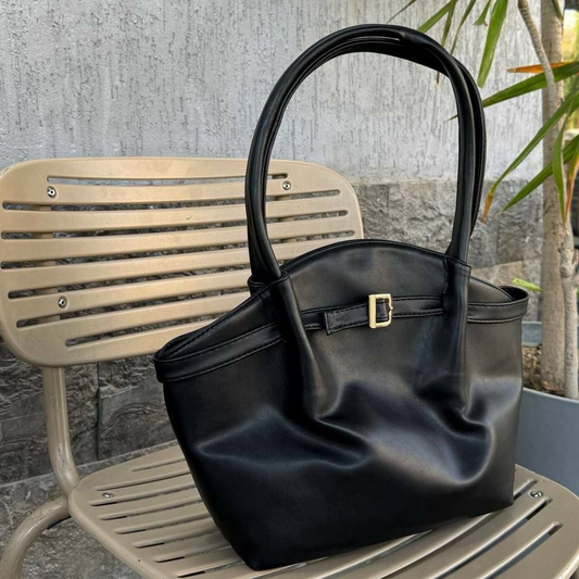 Structured Tote Bag Black Gold Buckle Double Handles 38x27cm