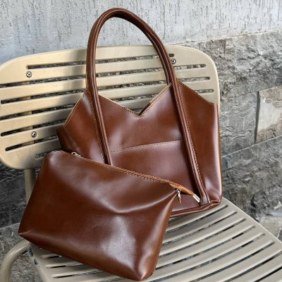 V-Top Leather Tote Bag Brown with Detachable Pouch 30x26cm