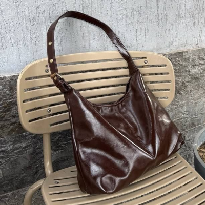 Glossy Leather Shoulder Bag Dark Chocolate Gold Hardware 38x30cm
