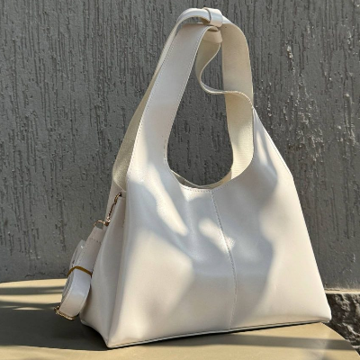 Slouchy Leather Hobo Bag White Loop Handle Gold Hardware 26x20cm