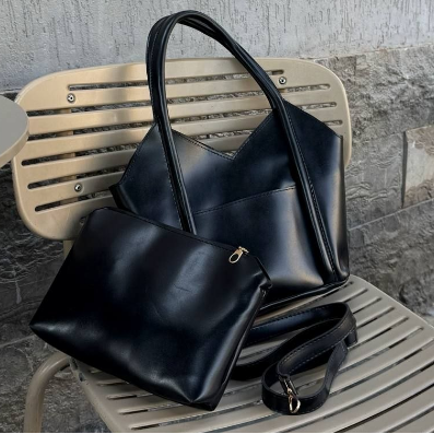 V-Top Leather Tote Bag Black with Detachable Pouch Shoulder Strap 30x26cm