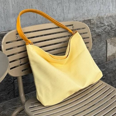 Woven Tote Bag Yellow Orange Leather Handle Slouchy 43x32cm
