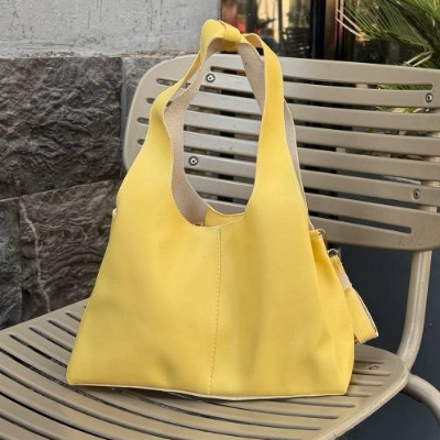 Slouchy Leather Hobo Bag Lemon Yellow Loop Handle 26x20cm