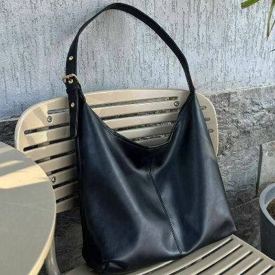 Glossy Leather Shoulder Bag Navy Blue Silver Hardware 38x30cm