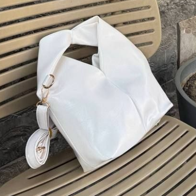 Slouchy Hobo Bag White Knotted Handle Detachable Crossbody Strap 25x18cm