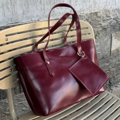 Leather Tote Bag with Pouch Burgundy Dual Handles Rose Gold Hardware 35x23cm