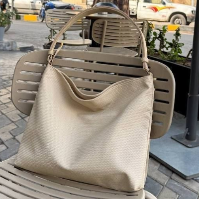 Slouchy Tote Bag Taupe Leather Handle 43x32cm