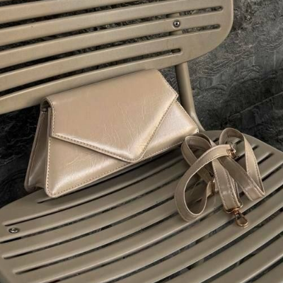 Geometric Flap Crossbody Bag Champagne Adjustable Shoulder Strap 24x14cm