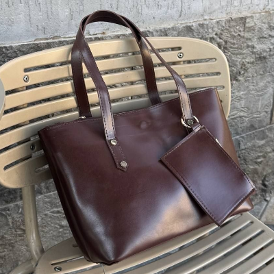 Leather Tote Bag with Pouch Dark Chocolate Dual Handles Silver Hardware 35x23cm