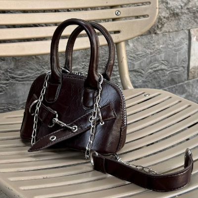 Mini Top-Handle Chain Bag Dark Chocolate Croc Embossed Silver Chain Strap 16x12cm