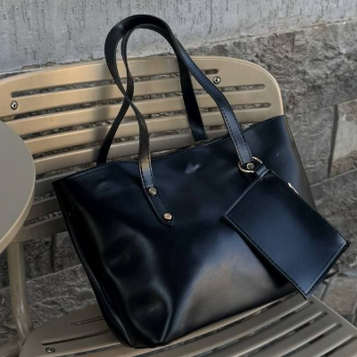 Leather Tote Bag Black Dual Handles Silver Hardware 35x23cm