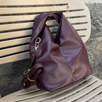 Slouchy Hobo Bag Dark Plum Knotted Handle Detachable Crossbody Strap 25x18cm