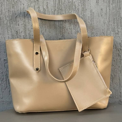 Leather Tote Bag with Pouch Champagne Gold Dual Handles Gold Hardware 35x23cm