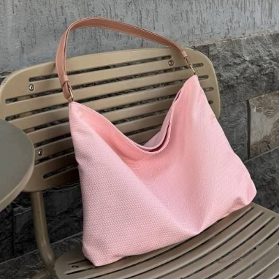 Woven Tote Bag Pink Leather Handle Slouchy 43x32cm