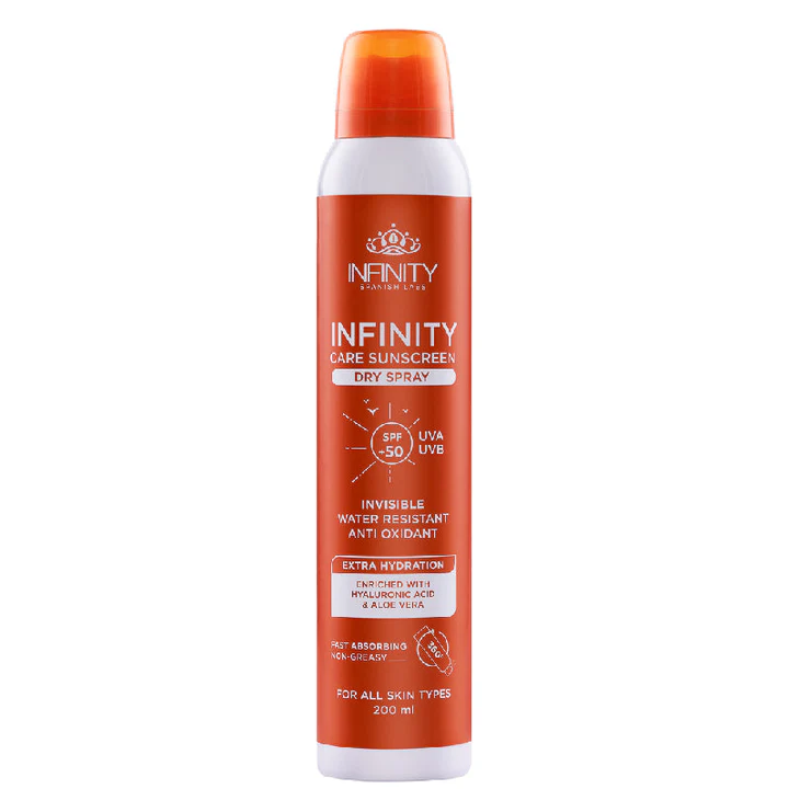 Infinity Care Sunscreen Dry Spray SPF 50 Extra Hydration Hyaluronic Acid Aloe Vera 200ml