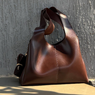 Slouchy Leather Hobo Bag Dark Chocolate Loop Handle Detachable Pouch 26x20cm