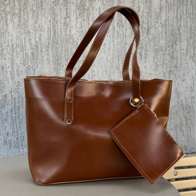 Leather Tote Bag with Pouch Tan Brown Dual Handles Gold Hardware 35x23cm