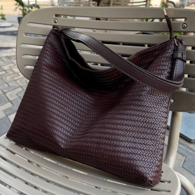 Woven Tote Bag Dark Plum Leather Handle Slouchy 43x32cm