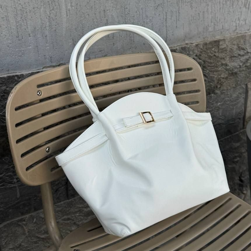 Structured Tote Bag White Gold Buckle Double Handles 38x27cm
