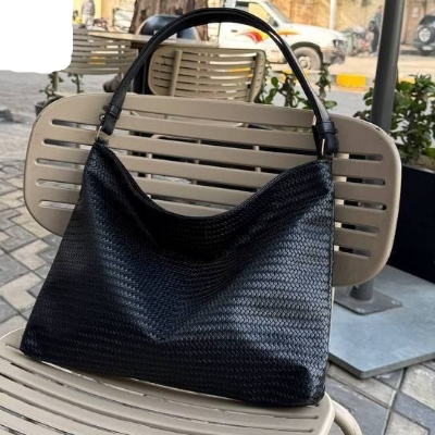 Woven Tote Bag Black Leather Handle Slouchy 43x32cm