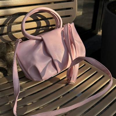 Ruched Ring Handle Bag Light Pink Detachable Crossbody Strap 25x14cm