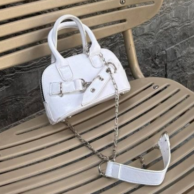 Mini Top-Handle Chain Bag White Croc Embossed Silver Chain Strap 16x12cm