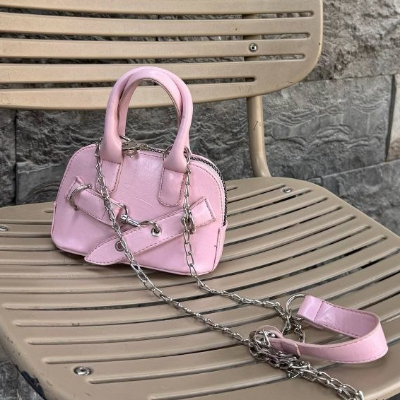 Mini Top-Handle Chain Bag Pink Smooth Leather Silver Chain Strap 16x12cm