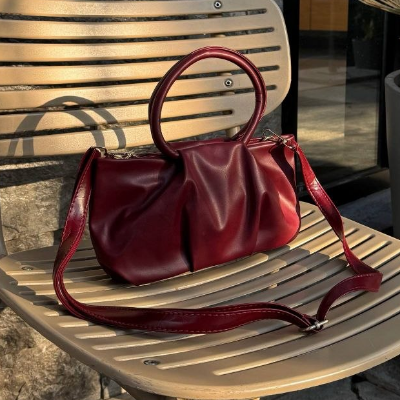 Ruched Ring Handle Bag Black Detachable Crossbody Strap 25x14cm