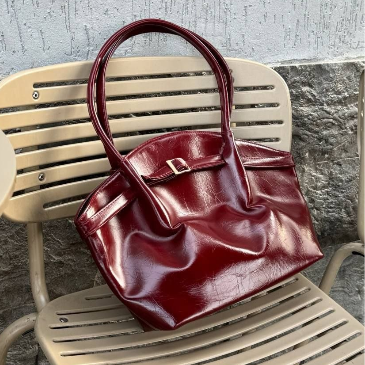 Structured Tote Bag Burgundy Gold Buckle Double Handles 38x27cm