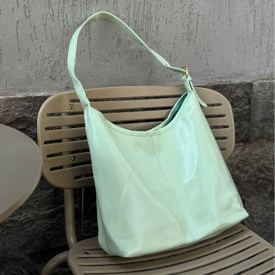 Leather Shoulder Bag Mint Green Smooth Finish Single Strap 38x30cm