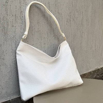 Slouchy Shoulder Bag White Silver Hardware Textured Finish 43x32cm
