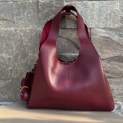 Slouchy Leather Hobo Bag Burgundy Loop Handle Gold Hardware 26x20cm