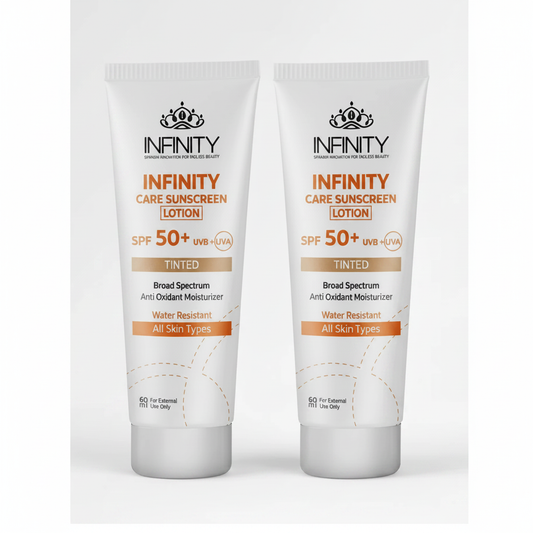 Infinity Care Sunscreen Lotion Tinted SPF 50 Duo Pure White Background SEO Ready