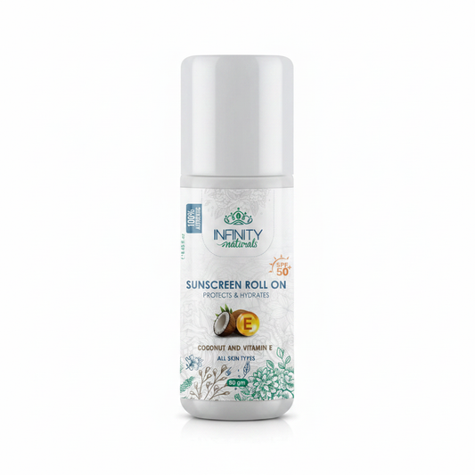 Infinity Naturals Sunscreen Roll On Coconut Vitamin E 80gm White Background