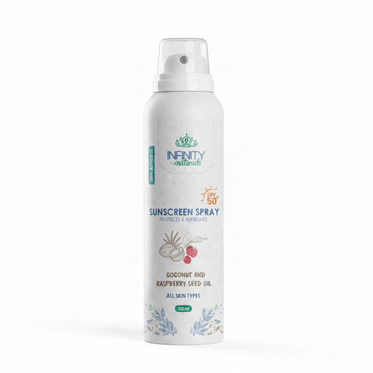 Infinity Naturals Sunscreen Spray Coconut Raspberry Seed Oil 200ml White Background SEO Ready