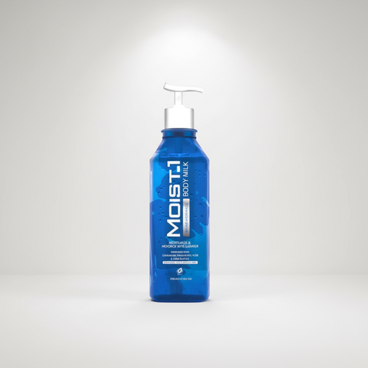 Blue bottle of MOIST1 body milk on a white background