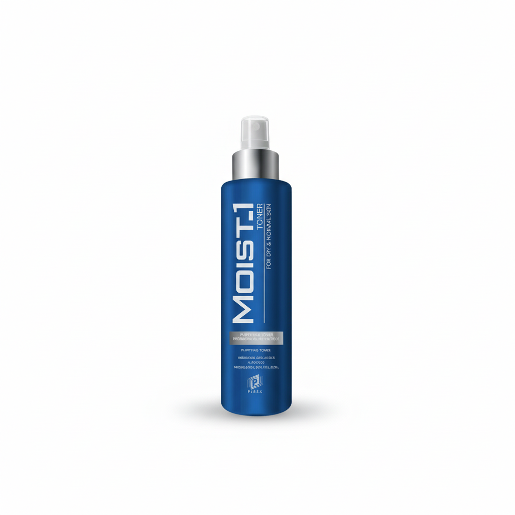 Blue bottle labeled 'MOIST.1' on a white background
