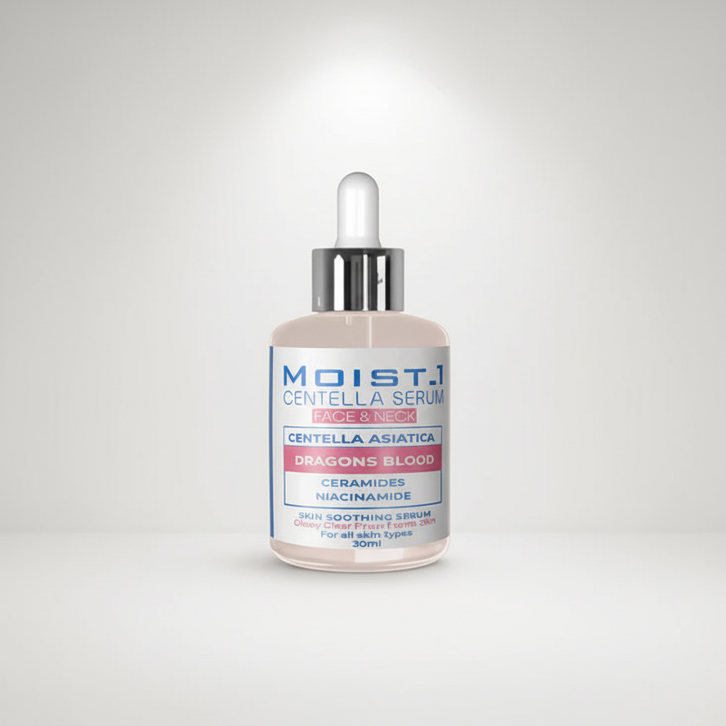 Moist Centella Serum bottle with dropper on a white background