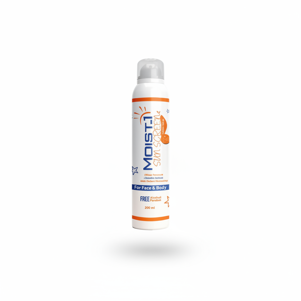 Moist1 Sunscreen spray bottle on a white background