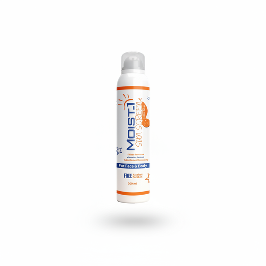 Moist1 Sunscreen spray bottle on a white background