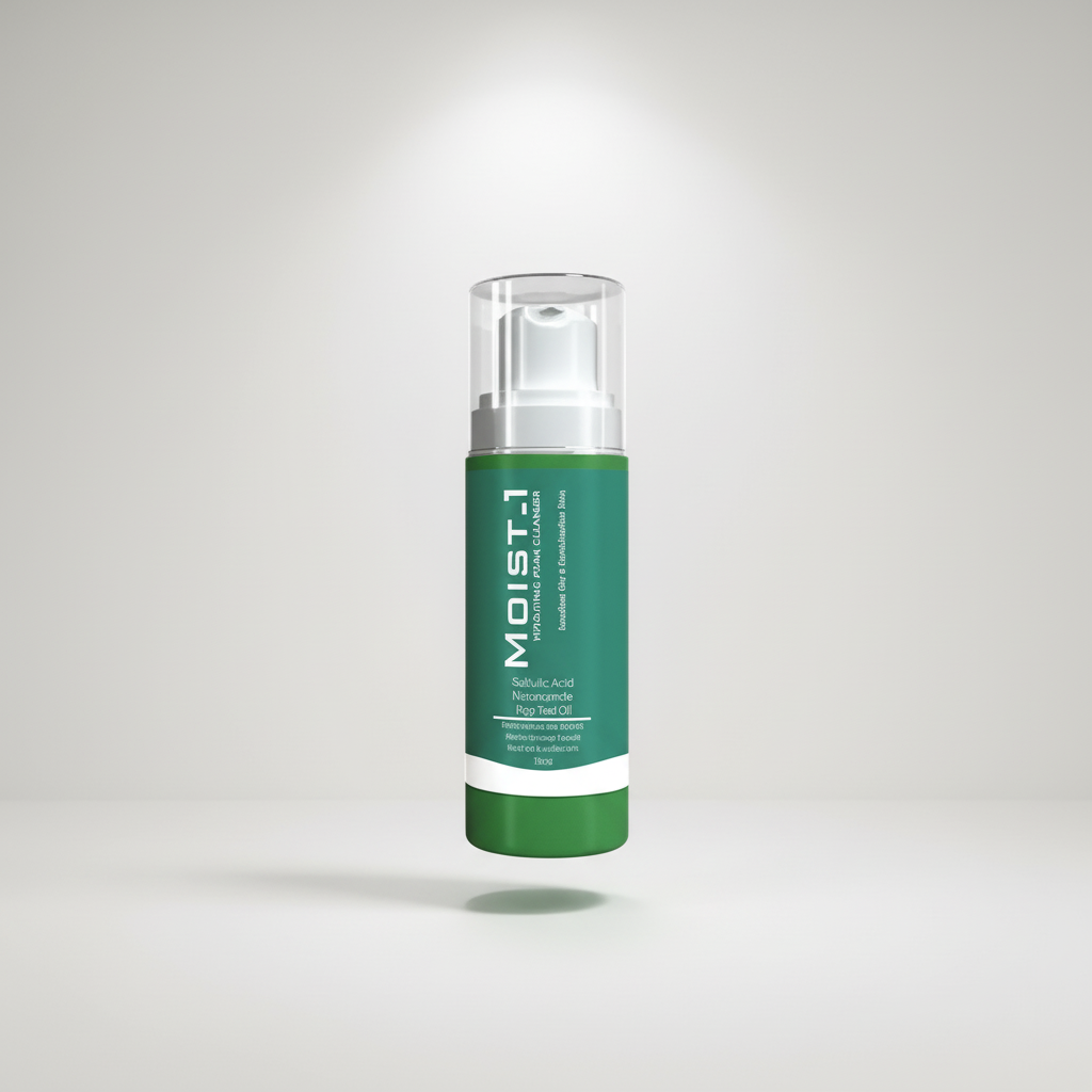 Green skincare bottle labeled 'MOIST' on a light gray background
