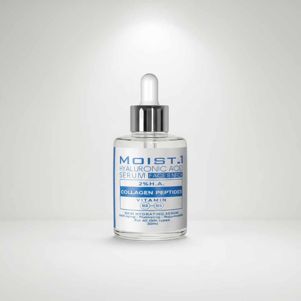 Moist1 hyaluronic acid serum bottle with dropper on a white background