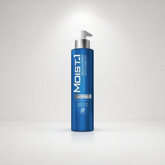 Blue bottle with silver pump labeled 'MOIST1' on a white background